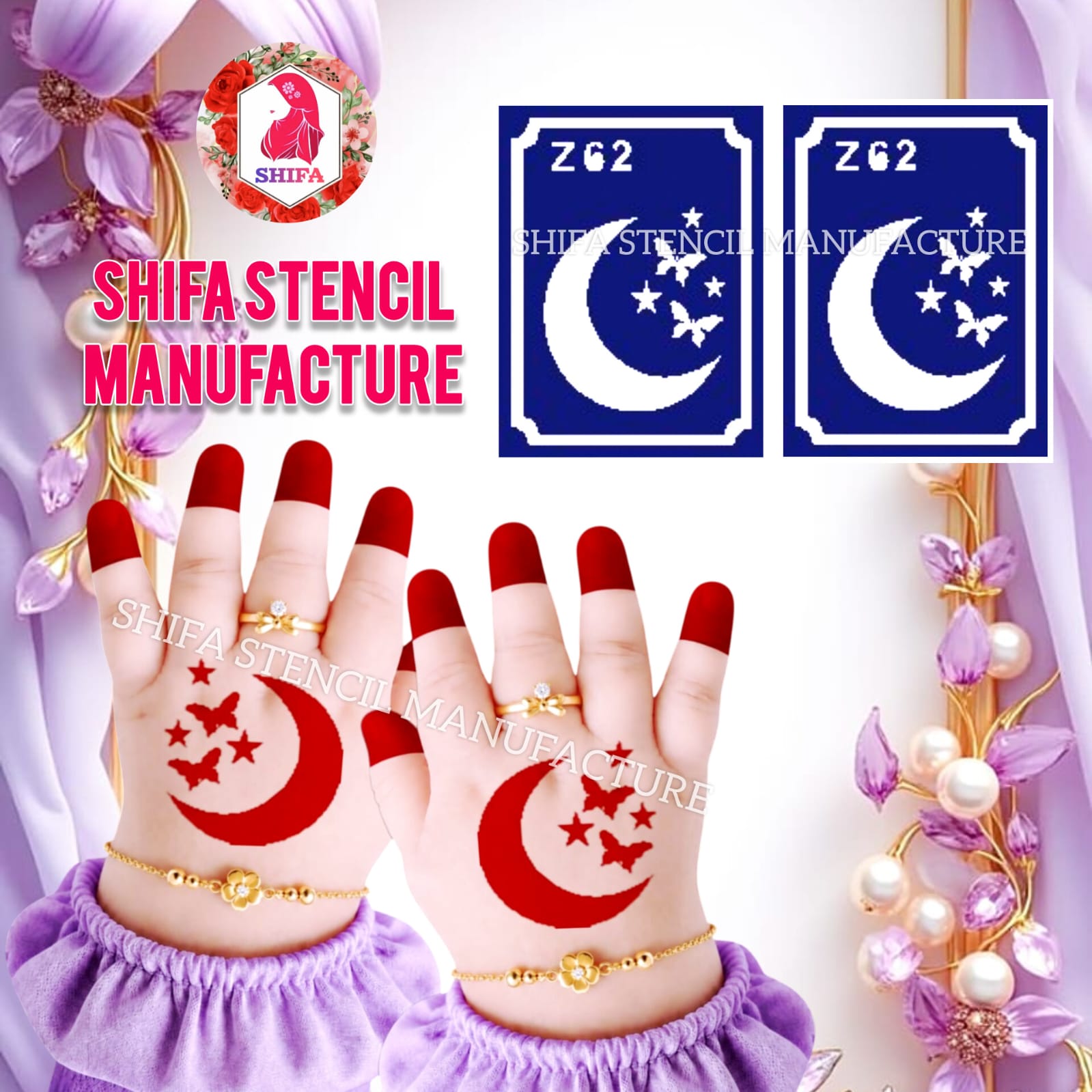 Z 62 Butterfly Flight Crescent Sticker Overview Henna Stencil - Shifa Stencil